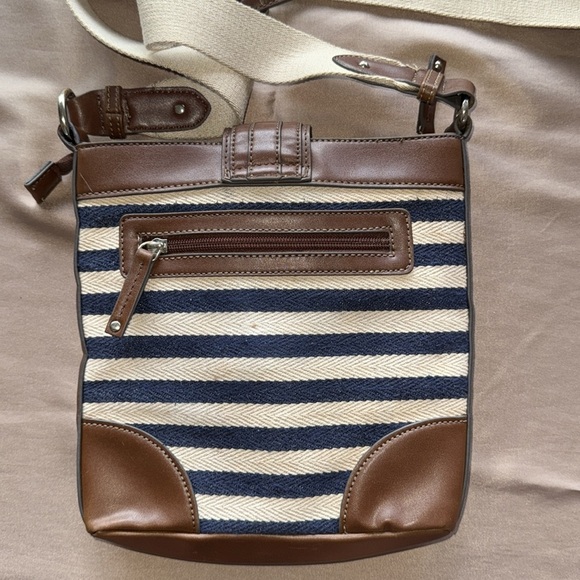 Chaps Ralph Lauren Preppy Nautical Stripe Crossbody Bag Navy Cream & Brown Trim - Picture 11 of 13